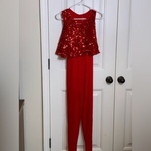 Girls Red Sequin Long Sleeveless Romper (pants) Size 14/16